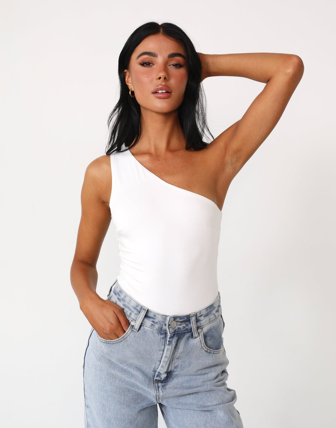 Lights Out Bodysuit (White) - White Asymmetrical Fitted Bodysuit - Women's Top - Charcoal Clothing