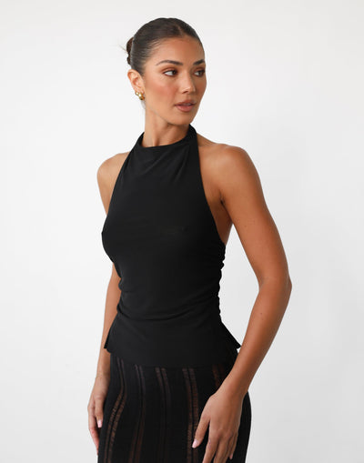 Kaytee Top (Black) | High Neck Ruched Top - Women's Top - Charcoal Clothing