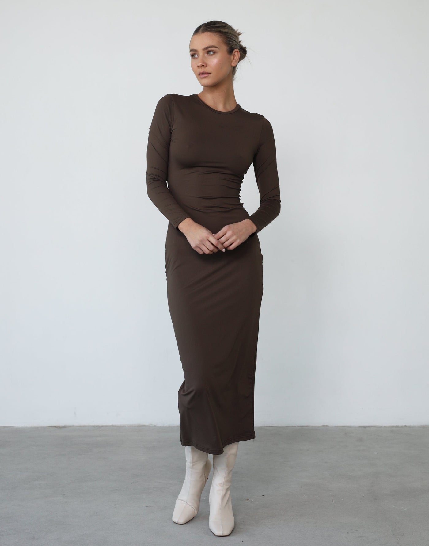 Shontae Long Sleeve Maxi Dress (Dark Olive) - Bodycon Maxi Dress - Women's Dress - Charcoal Clothing