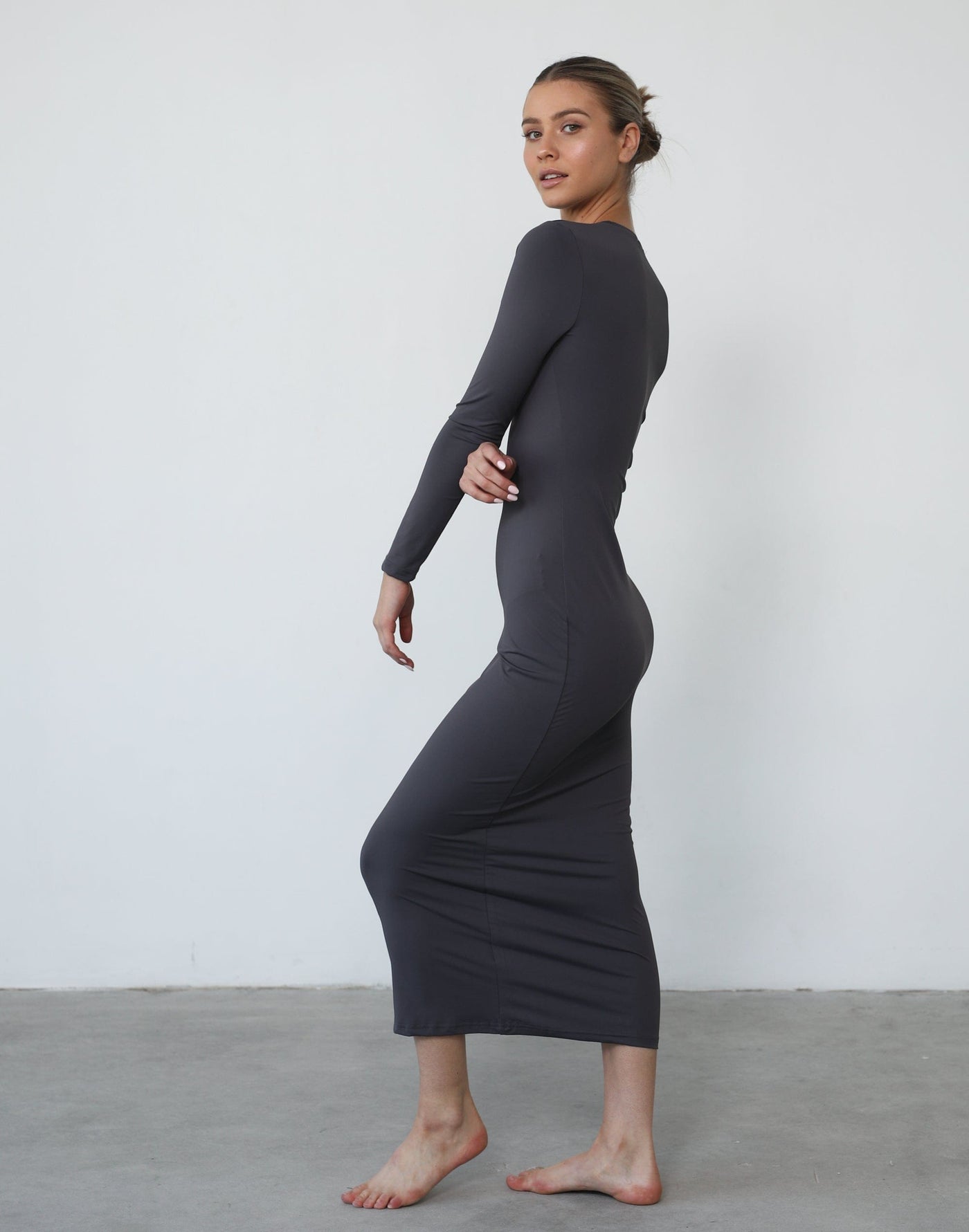 Shontae Long Sleeve Maxi Dress (Slate) - Bodycon Maxi Dress - Women's Dress - Charcoal Clothing
