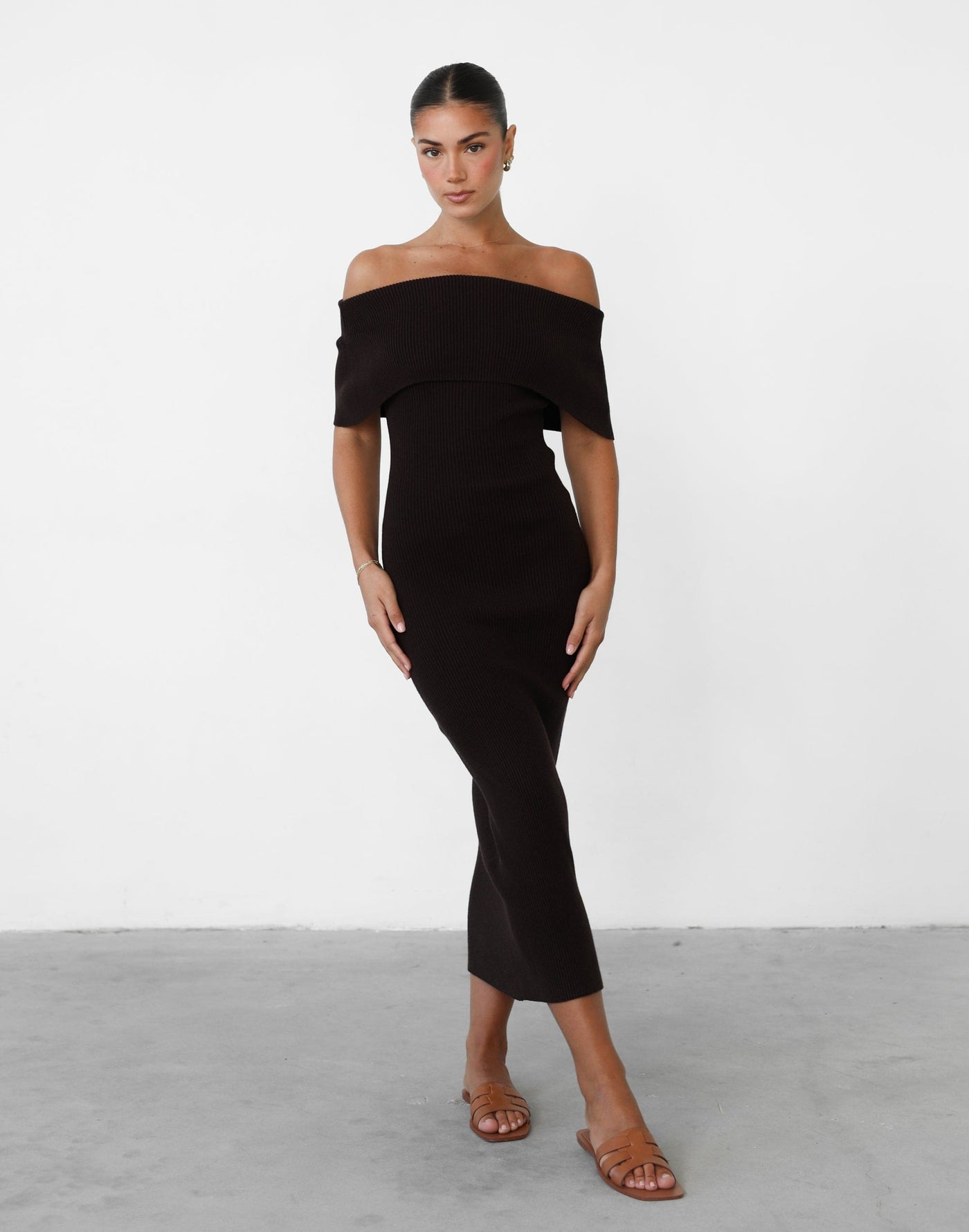 Ambiguity Maxi Dress (Chocolate) - Knit Off Shoulder Fold Over Maxi Dress - Women's Top - Charcoal Clothing