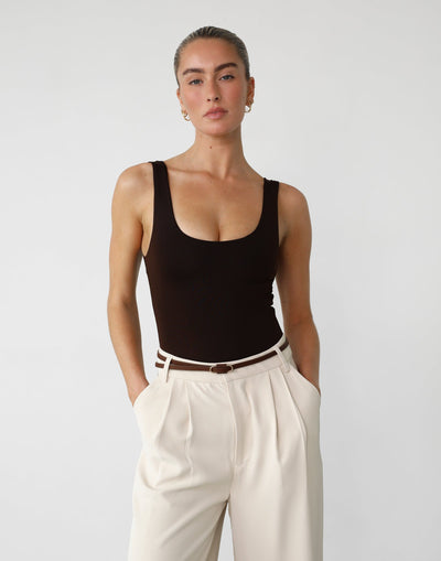 Levitate Bodysuit (Cocoa) - Low Back Scoop Neck Jersey Bodysuit - Women's Top - Charcoal Clothing