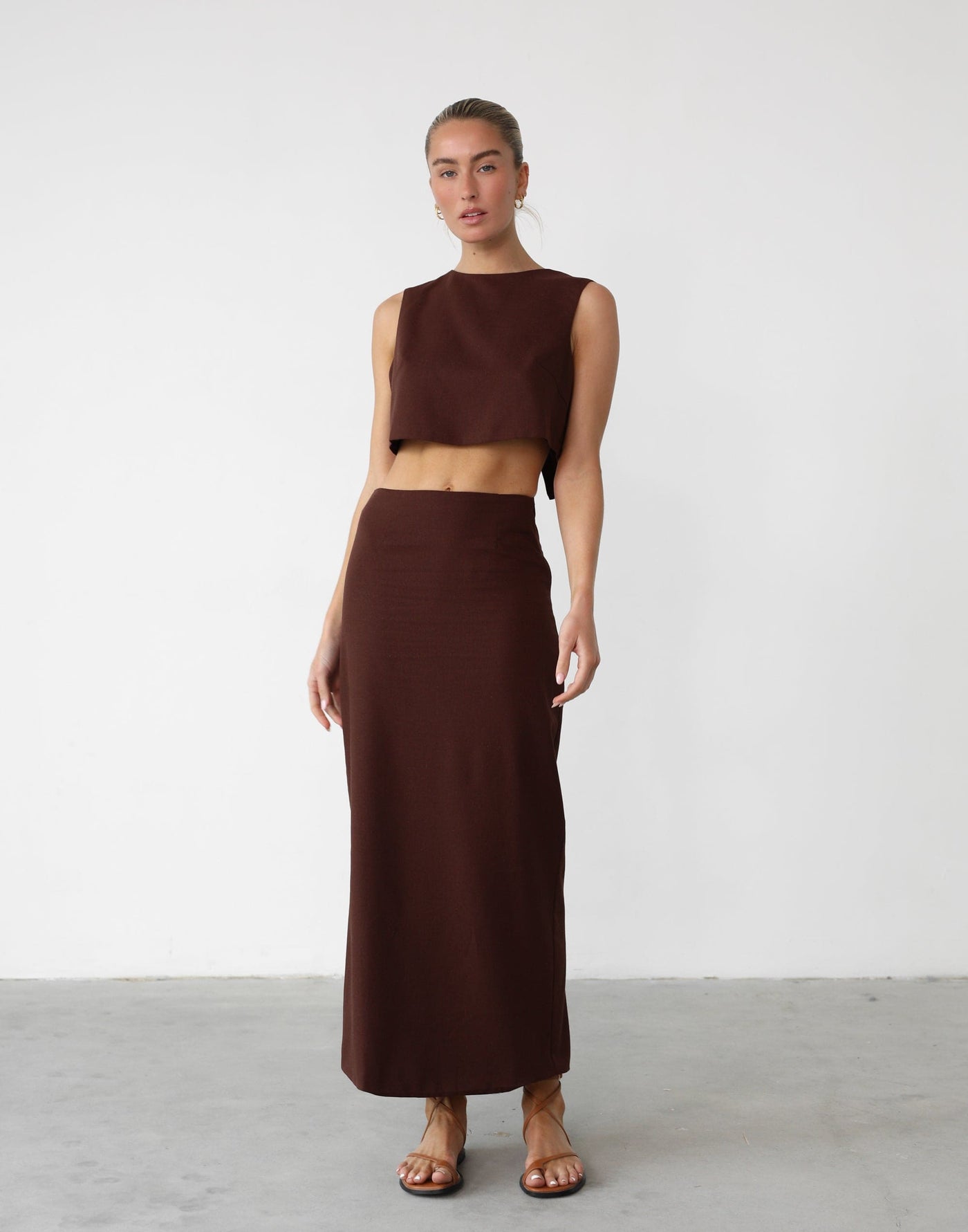 Cleo Linen Maxi Skirt (Cocoa) - High Rise Fitted Flared Maxi Skirt - Women's Skirt - Charcoal Clothing