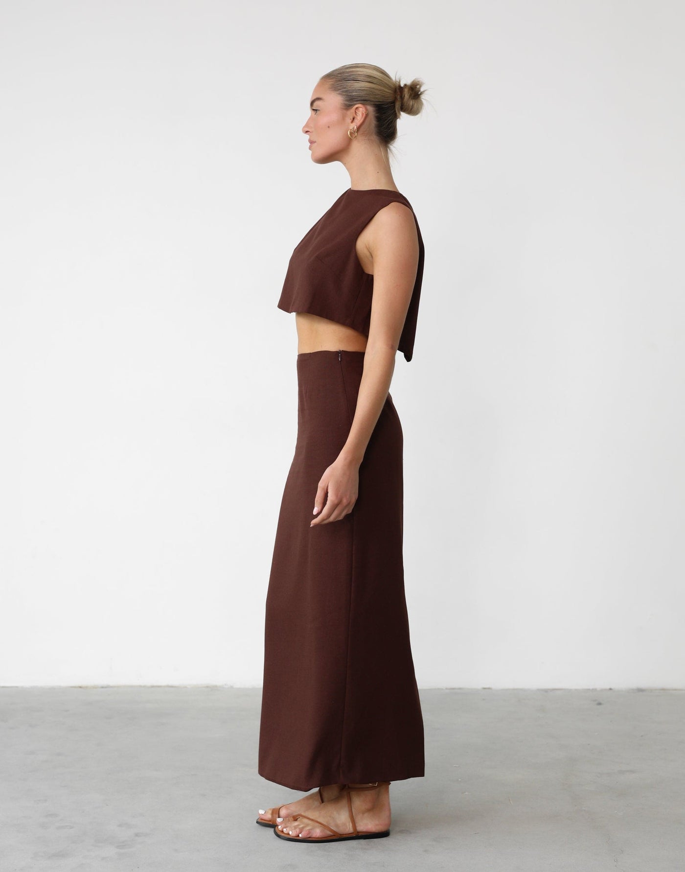 Cleo Linen Maxi Skirt (Cocoa) - High Rise Fitted Flared Maxi Skirt - Women's Skirt - Charcoal Clothing