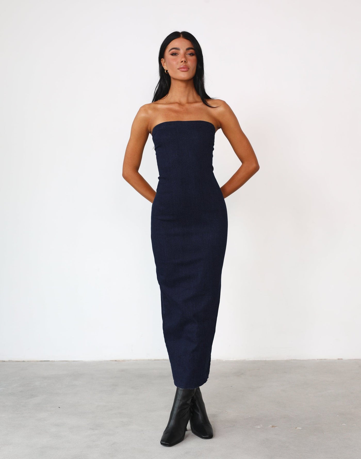 Tati Maxi Dress (Dark Denim) - Strapless Fitted Denim Midi Dress - Women's Dress - Charcoal Clothing