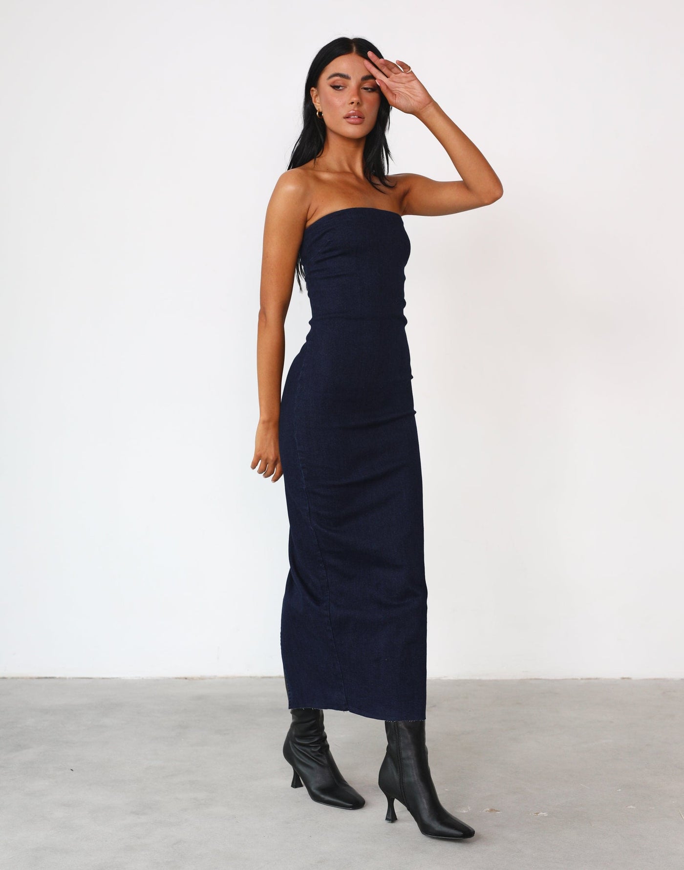 Tati Maxi Dress (Dark Denim) - Strapless Fitted Denim Midi Dress - Women's Dress - Charcoal Clothing