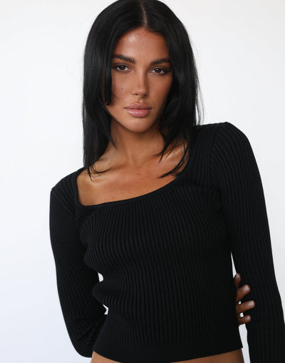 Esmie Long Sleeve Top (Black) - Round Scoop Neck Ribbed Top - Women's Tops - Charcoal Clothing