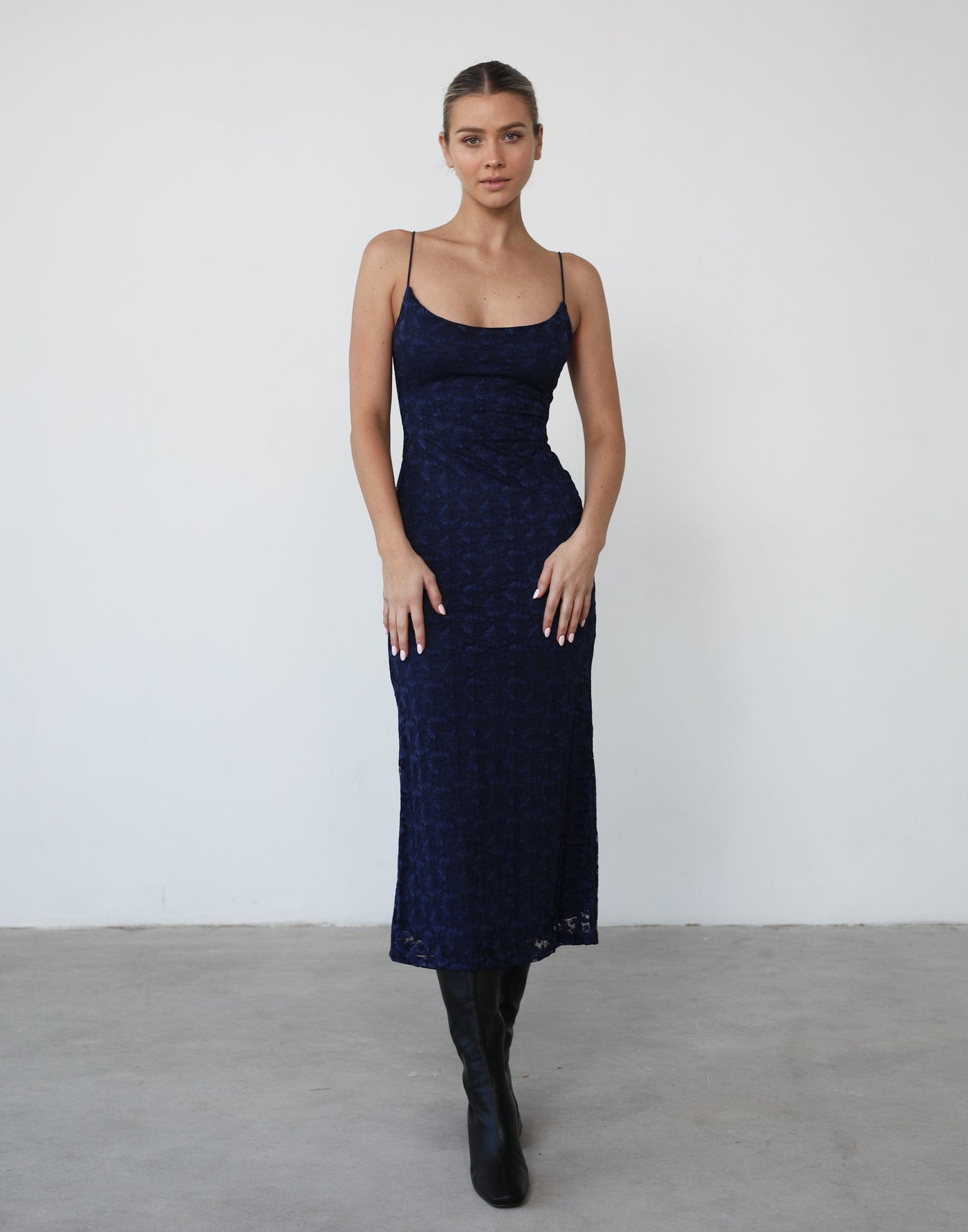 Araceli Midi Dress (Navy) - Lace Spaghetti Strap Dress - Women's Tops - Charcoal Clothing
