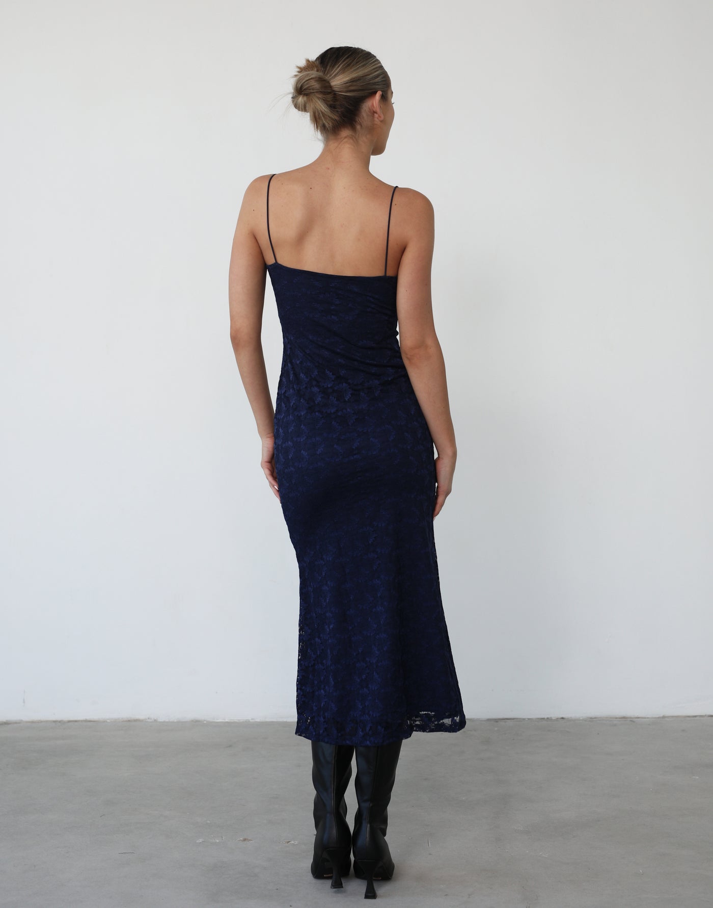 Araceli Midi Dress (Navy) - Lace Spaghetti Strap Dress - Women's Tops - Charcoal Clothing