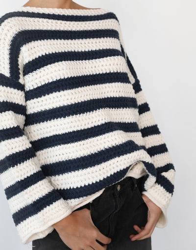 Everton Sweater (Navy/Cream) - Chunky Knit Oversized Striped Sweater - Women's Top - Charcoal Clothing