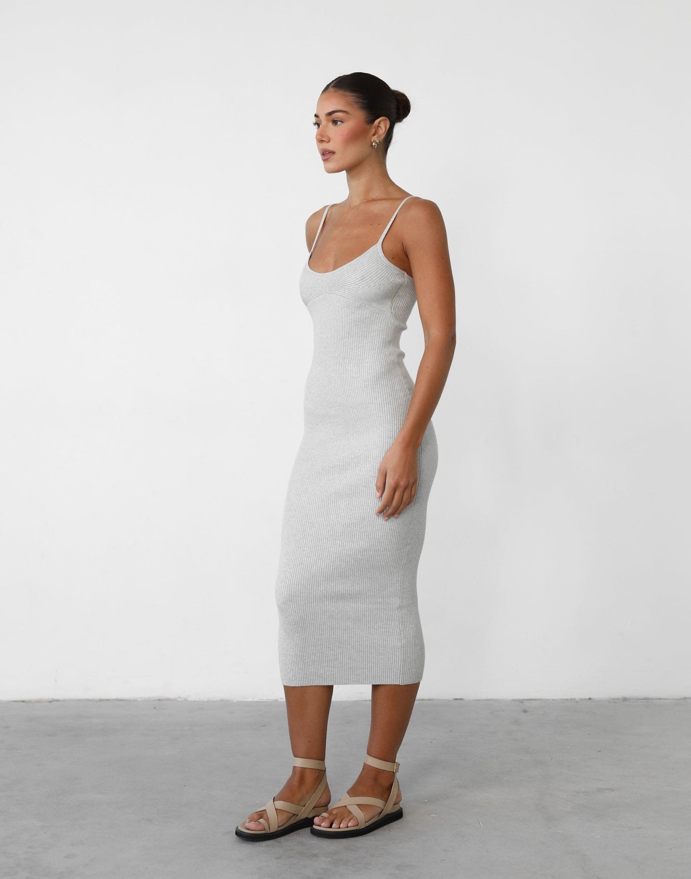 Aminah Midi Dress (Light) - Ribbed Knit Bodycon Dress - Women's Dress - Charcoal Clothing