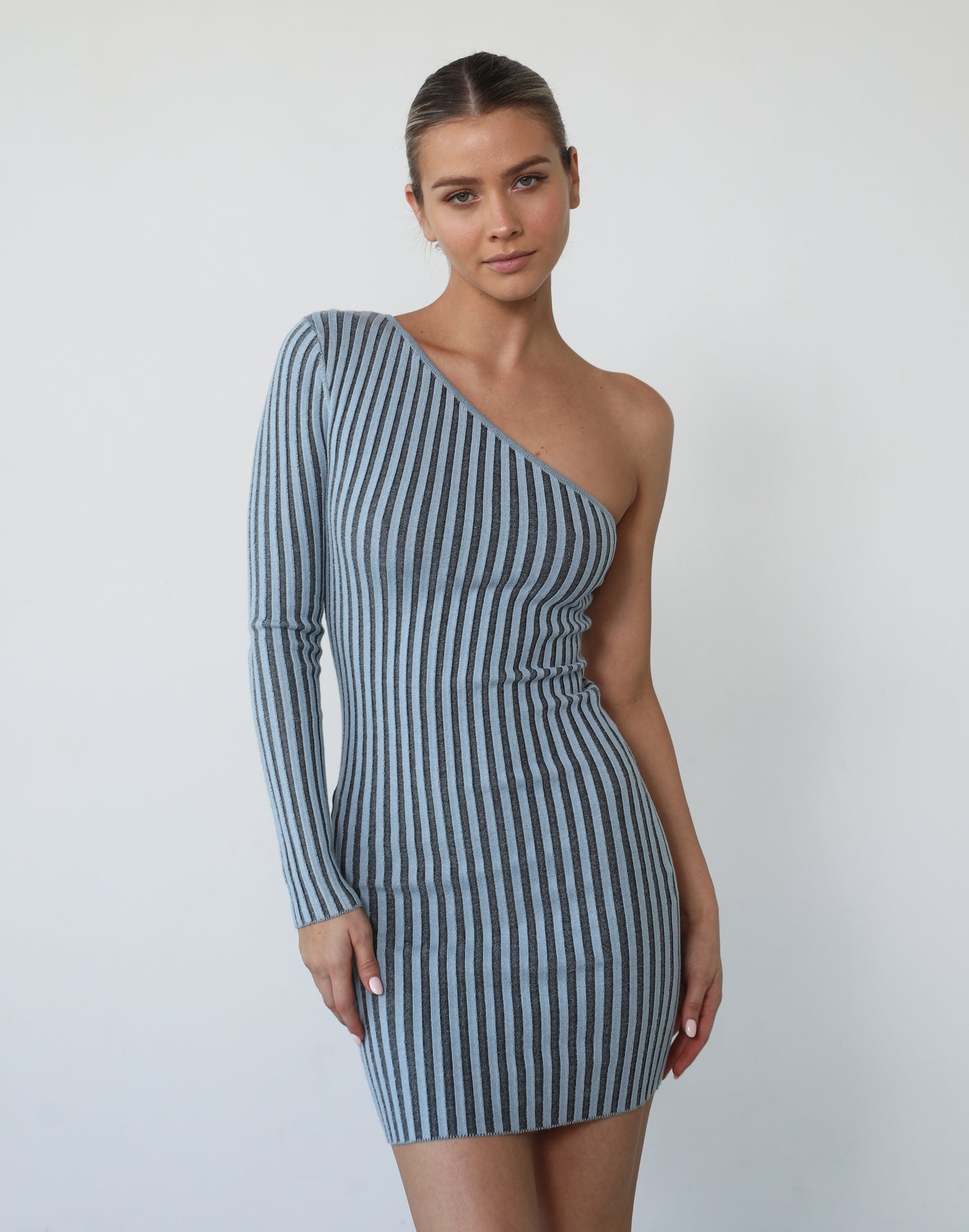 Lapis Mini Dress (Blue) - One Sleeve Knit Mini Dress - Women's Dress - Charcoal Clothing