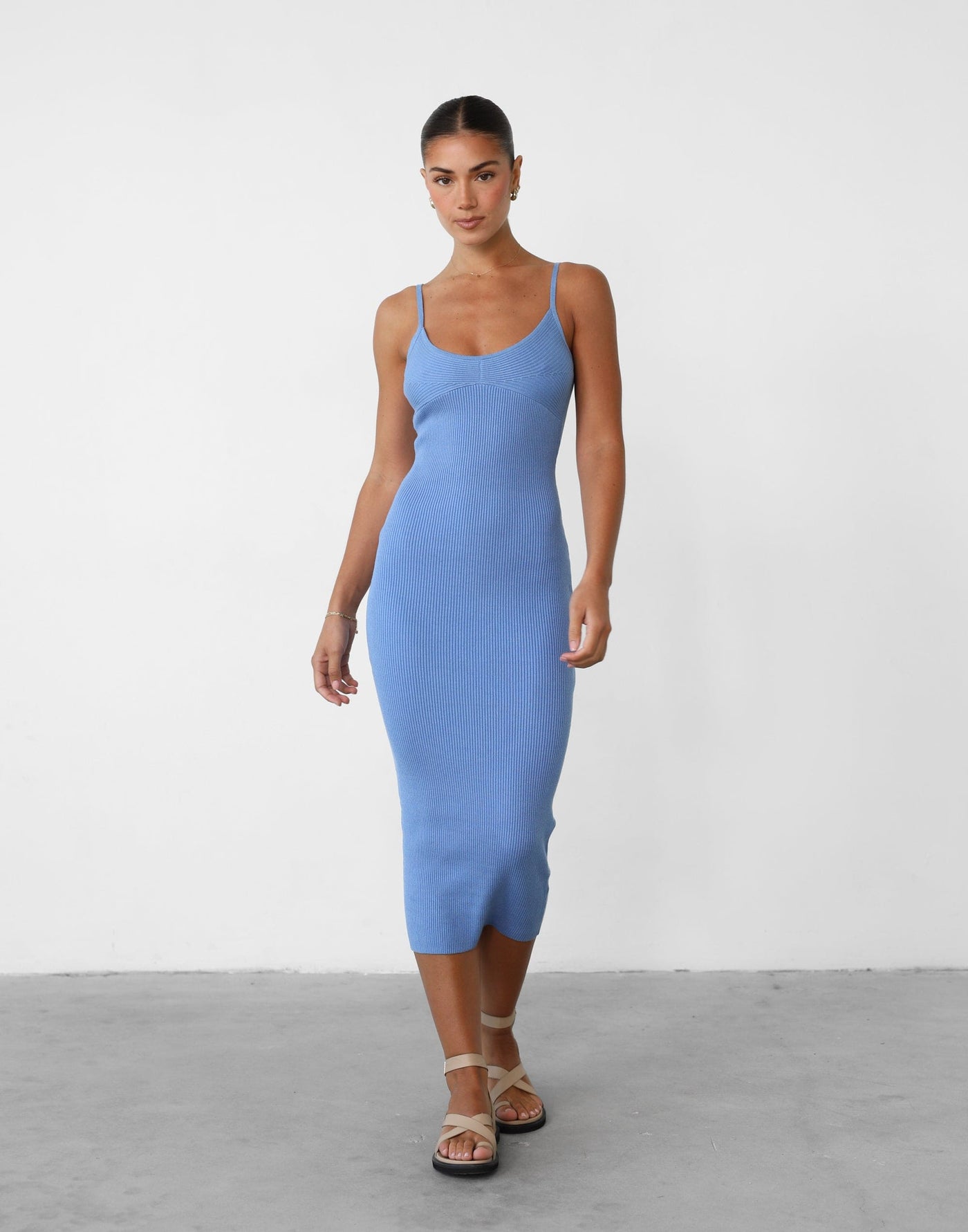 Aminah Midi Dress (Blue) - Ribbed Knit Bodycon Dress - Women's Dress - Charcoal Clothing