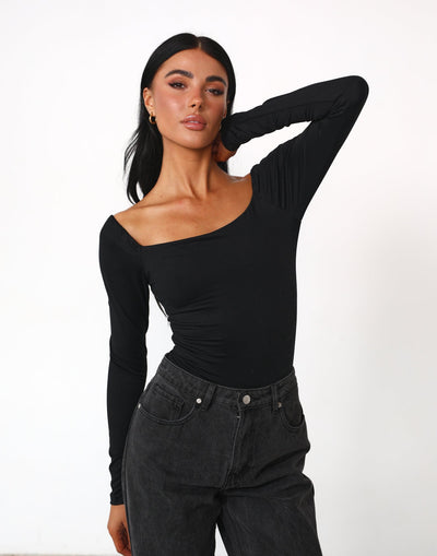 Monae Long Sleeve Bodysuit (Black) - Low Back Fitted Bodycon Bodysuit - Women's Top - Charcoal Clothing