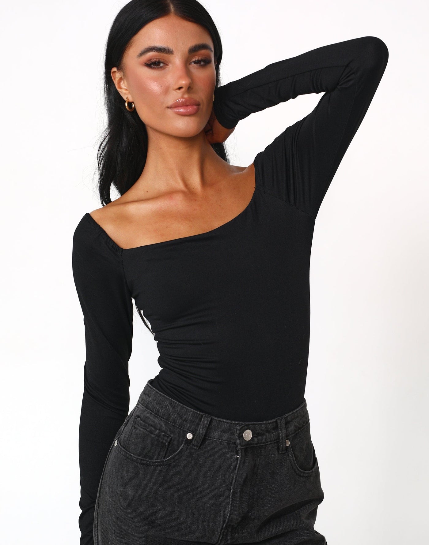 Monae Long Sleeve Bodysuit (Black) - Low Back Fitted Bodycon Bodysuit - Women's Top - Charcoal Clothing