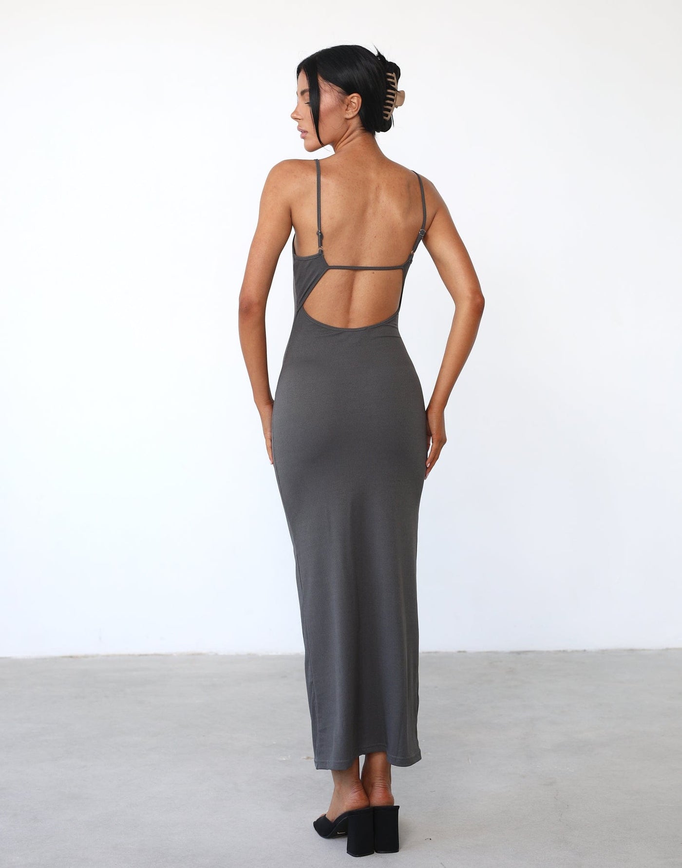 Joan Maxi Dress (Charcoal) - Ribbed Adjustable Strap Maxi Dress - Women's Dress - Charcoal Clothing
