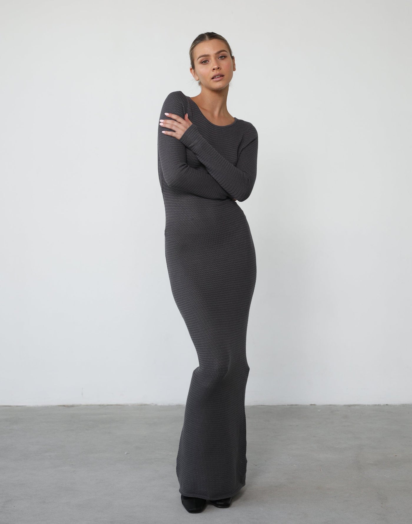 Jayda Long Sleeve Maxi Dress (Charcoal) - Knitted Grey Backless Maxi Dress - Women's Dresses - Charcoal Clothing