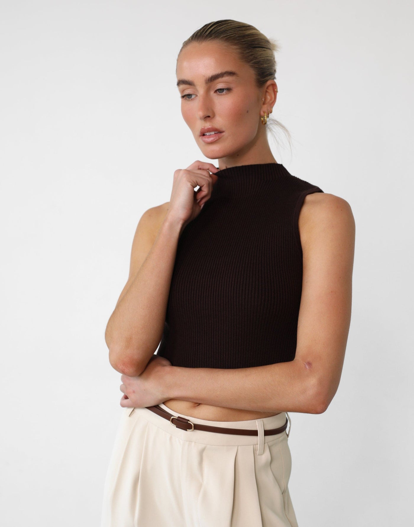 Zamora Knit Crop Top (Chocolate) - Open Tip Up Back High Neck Top - Women's Top - Charcoal Clothing