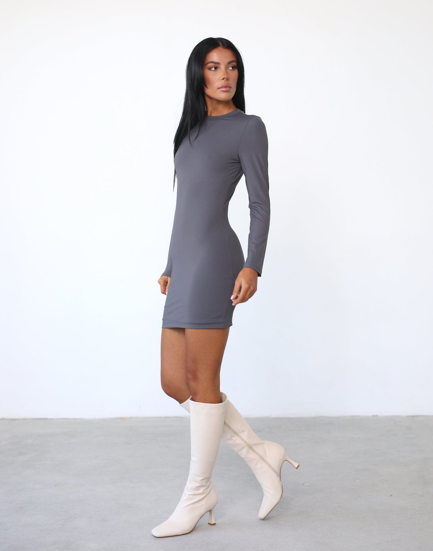 Alliyah Long Sleeve Mini Dress (Charcoal) - Fitted Round Neck Mini Dress - Women's Dress - Charcoal Clothing