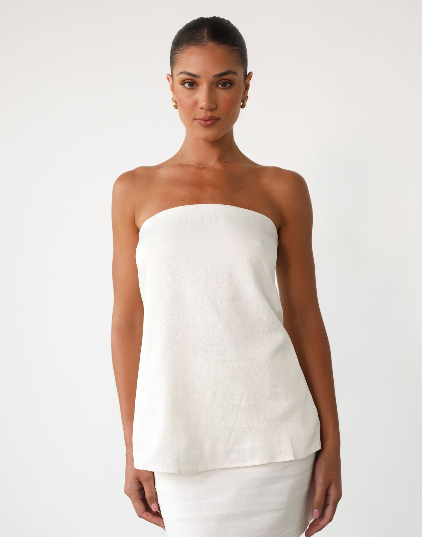 Elli Top (White) | Strapless Relaxed Fit Satin Top - Women's Top - Charcoal Clothing