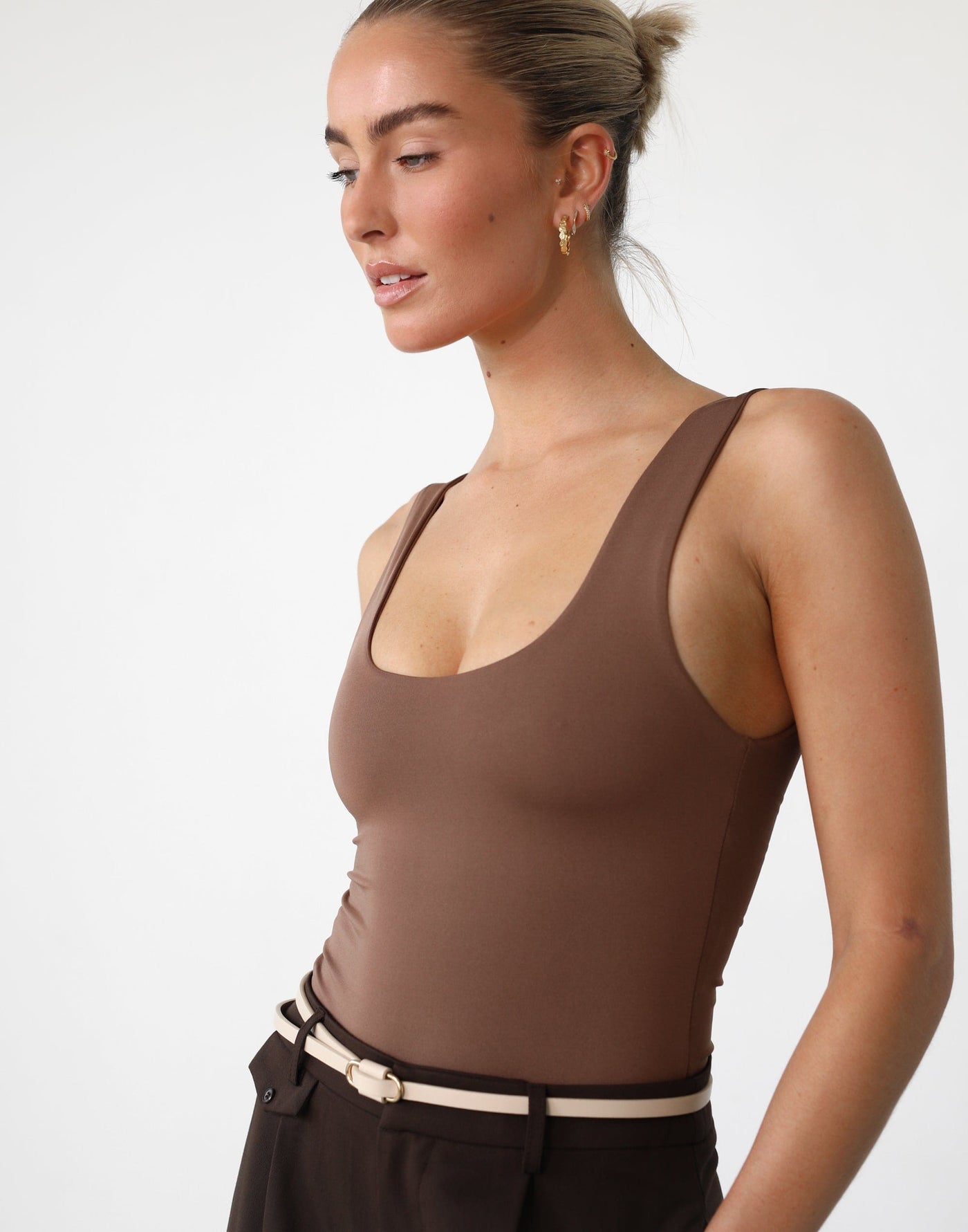 Levitate Bodysuit (Mocha) - Low Back Scoop Neck Bodysuit - Women's Top - Charcoal Clothing