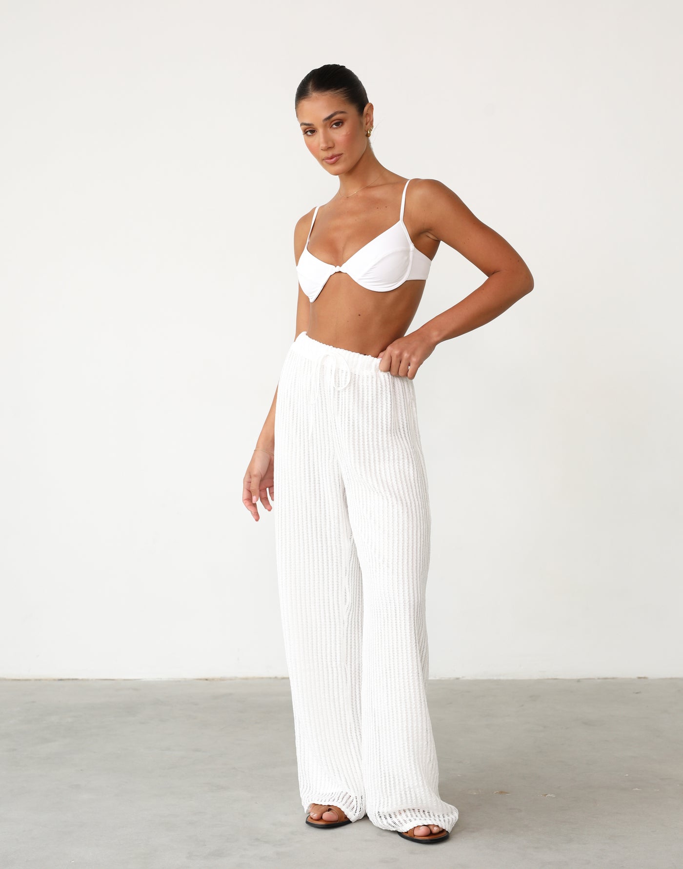 Aliyna Pants (White) - White Knitted High Waisted Pants - Women's Pants - Charcoal Clothing