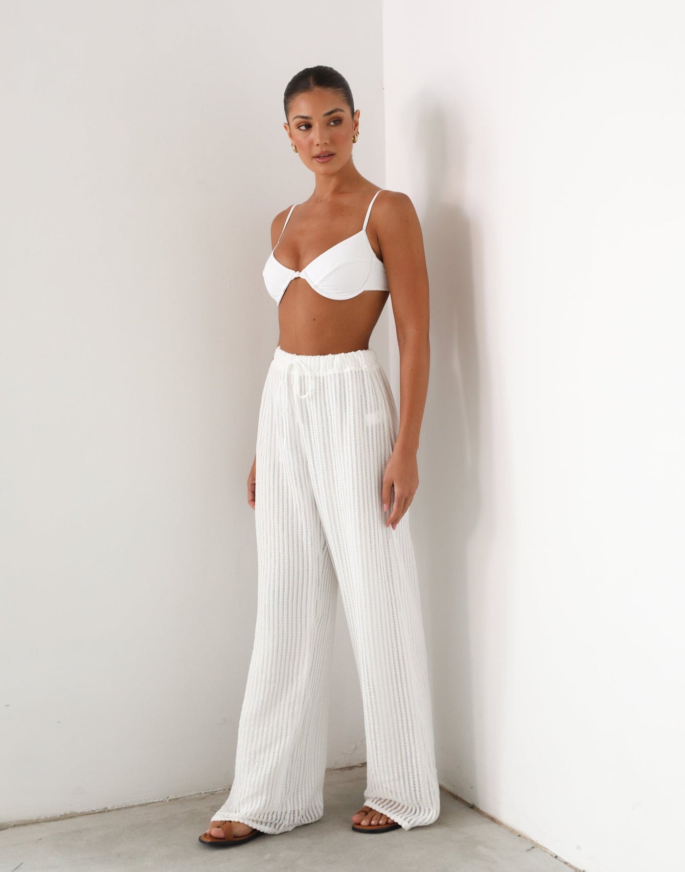 Aliyna Pants (White) - White Knitted High Waisted Pants - Women's Pants - Charcoal Clothing