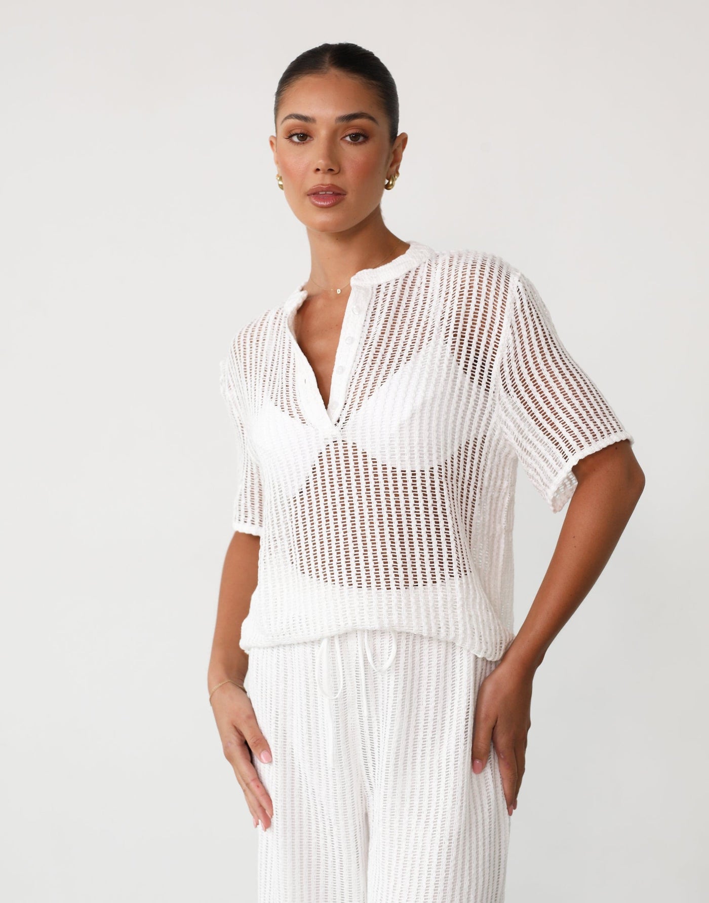 Aliyna Shirt (White) - White Crochet Short Sleeve Shirt - Women's Top - Charcoal Clothing