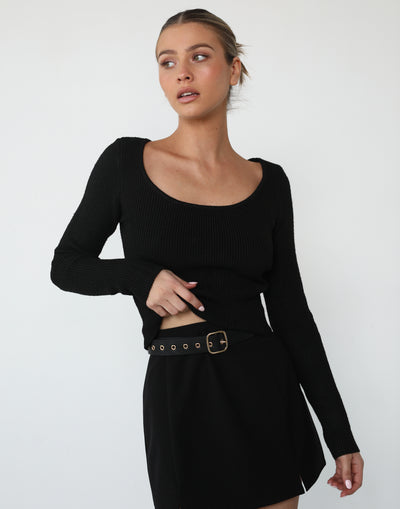 Ianne Long Sleeve Top (Black) - Basic Scooped Neck Top - Women's Tops - Charcoal Clothing