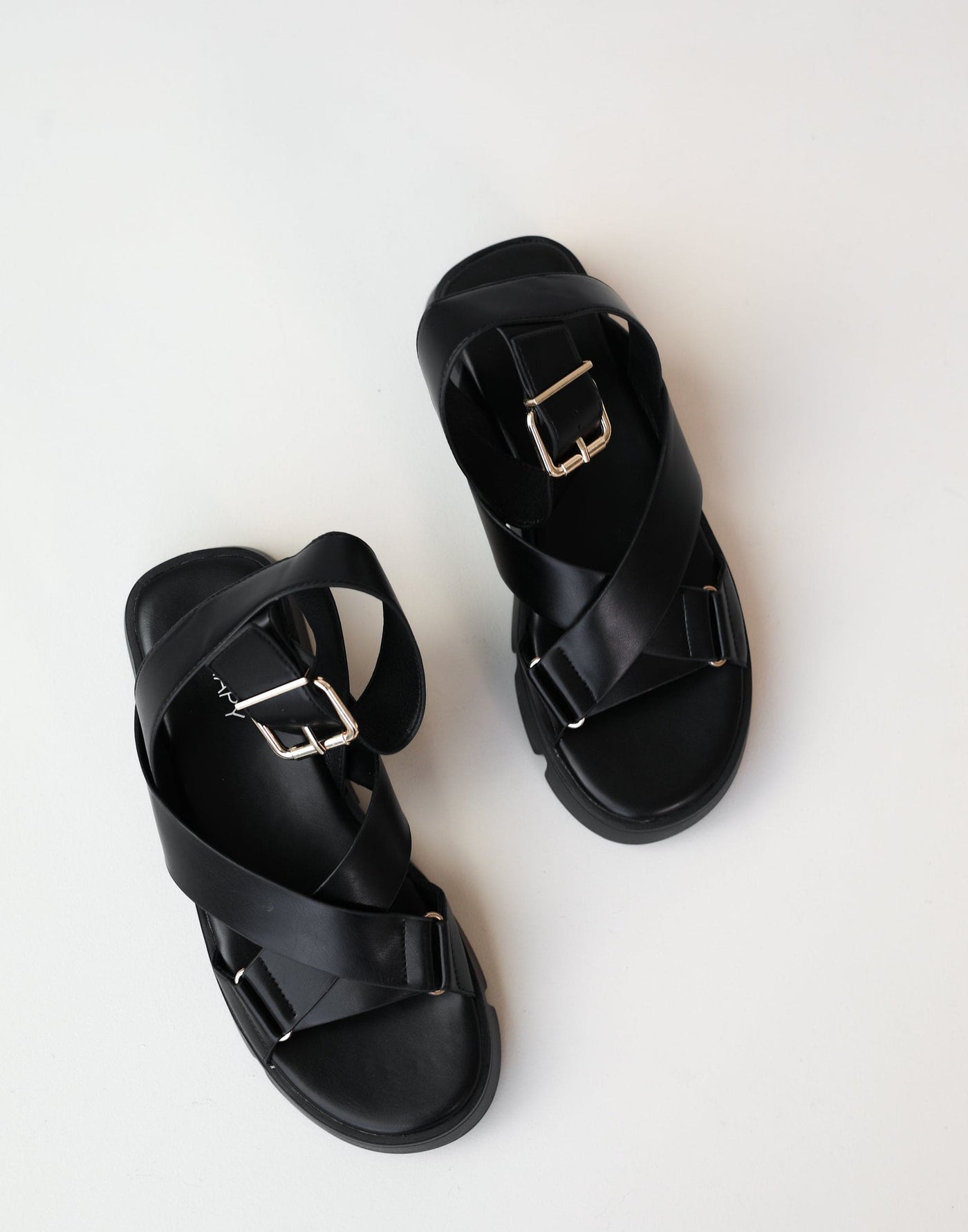 Maze Sandals (Black Smooth PU) - By Therapy - Crossover Strap Sandals - Women's Shoes - Charcoal Clothing