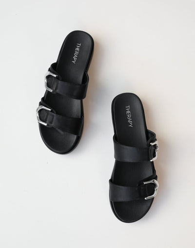 Link Sandals (Black Smooth) - By Therapy - Dual Strap Slides - Women's Shoes - Charcoal Clothing