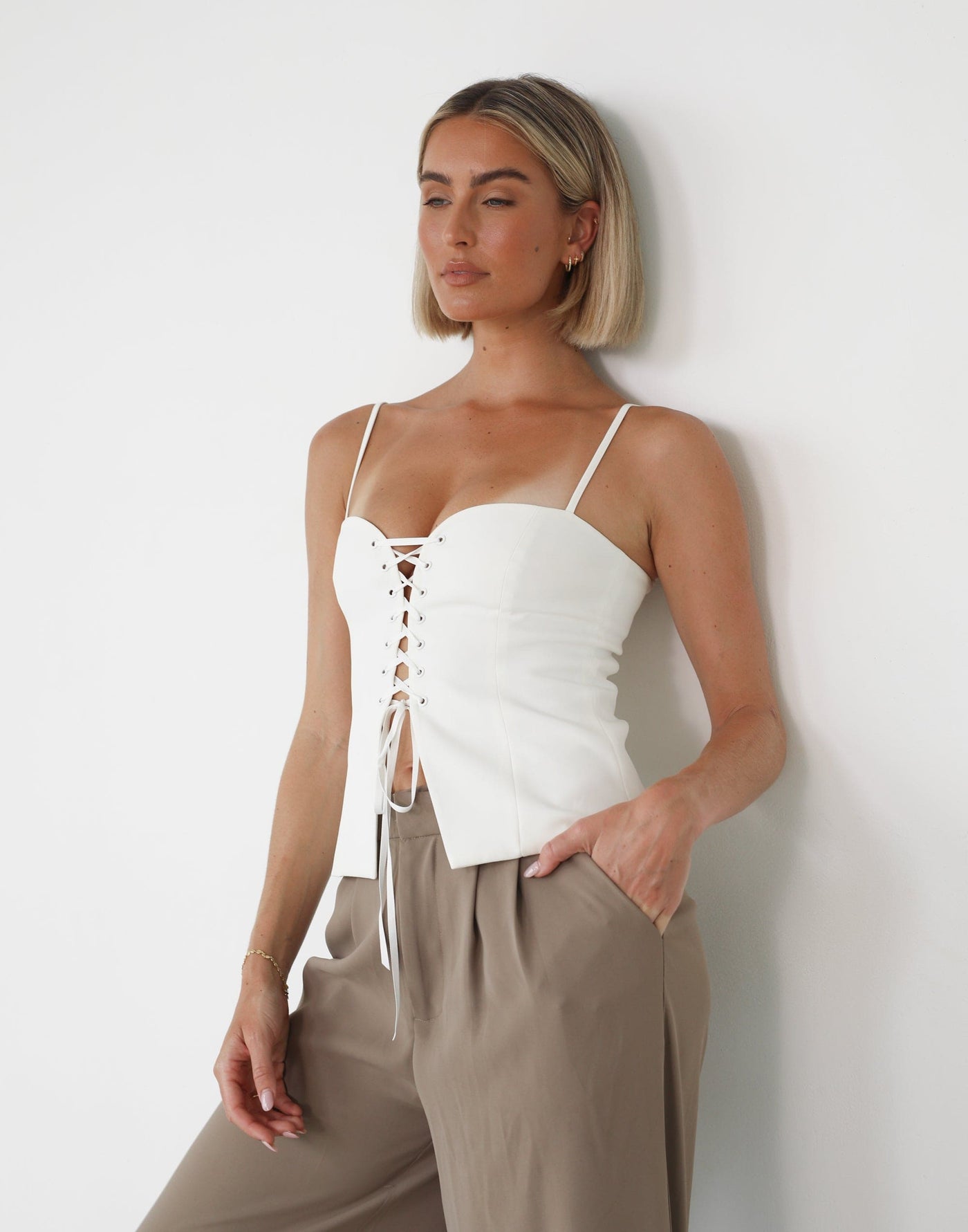 Adi Corset Top (Cream) - Lace Up Front Sweetheart Neckline Corset - Women's Top - Charcoal Clothing