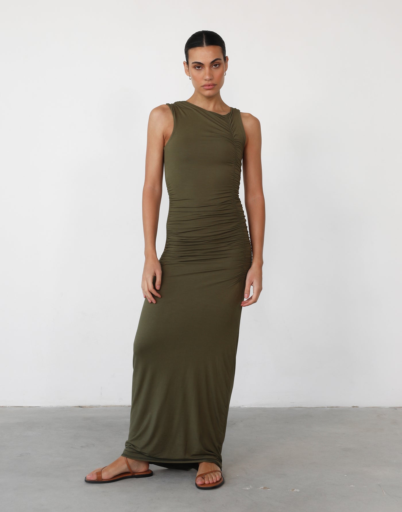 Everleigh Maxi Dress (Olive) - Gathered Detail Bodycon Maxi Dress - Women's Dress - Charcoal Clothing