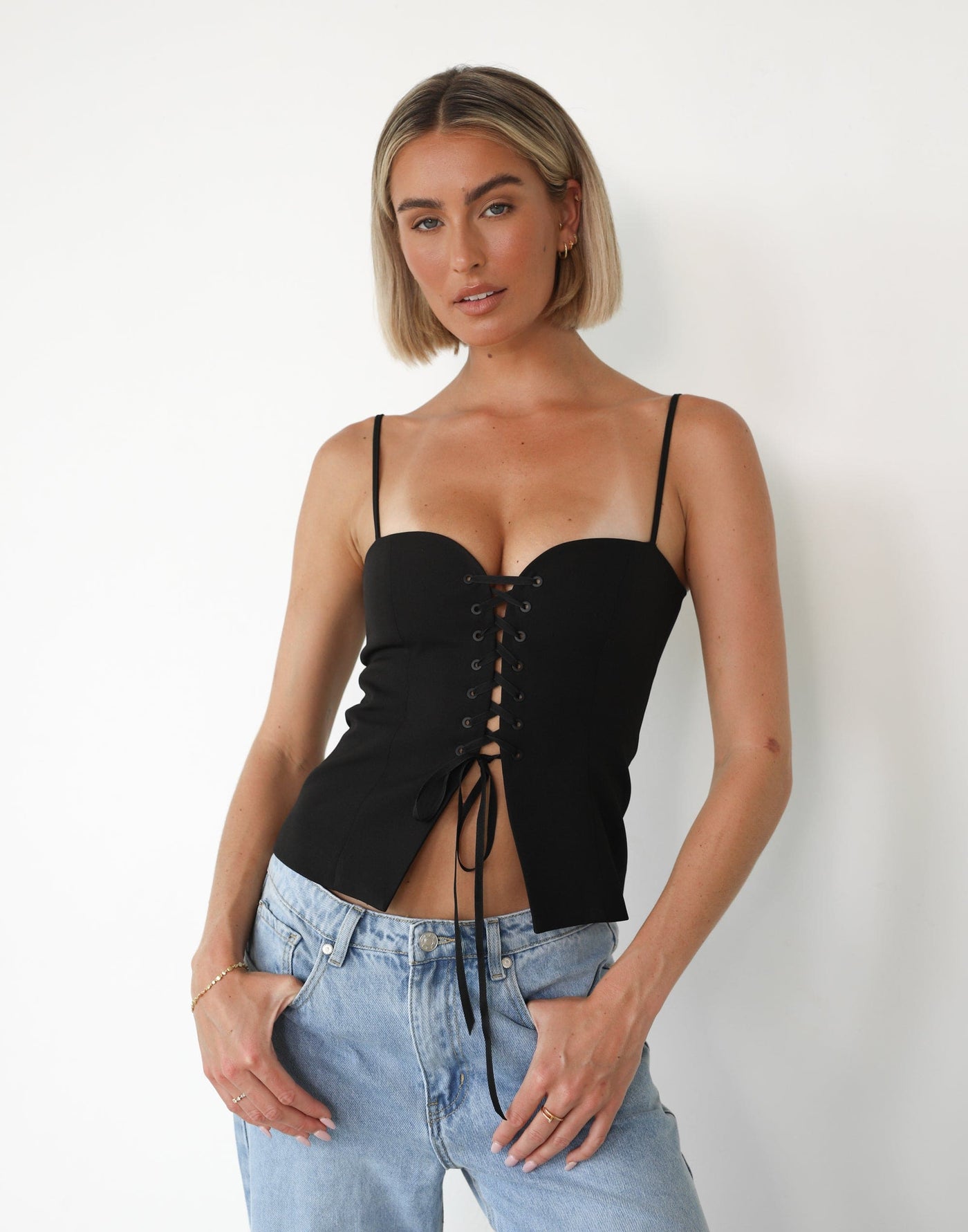 Adi Corset Top (Black) - Lace Up Front Sweetheart Neckline Corset - Women's Top - Charcoal Clothing