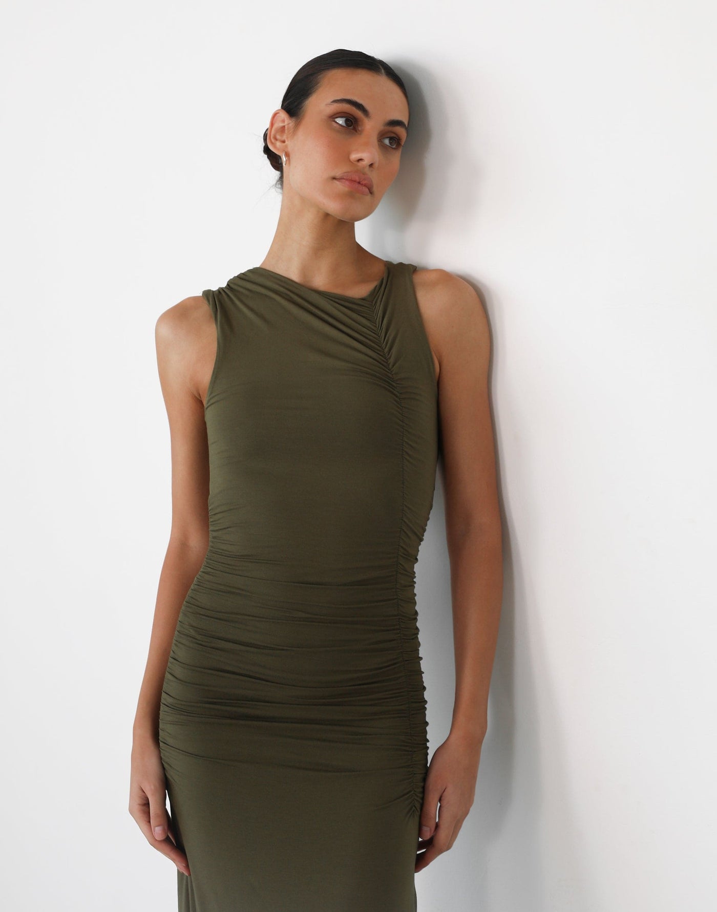 Everleigh Maxi Dress (Olive) - Gathered Detail Bodycon Maxi Dress - Women's Dress - Charcoal Clothing