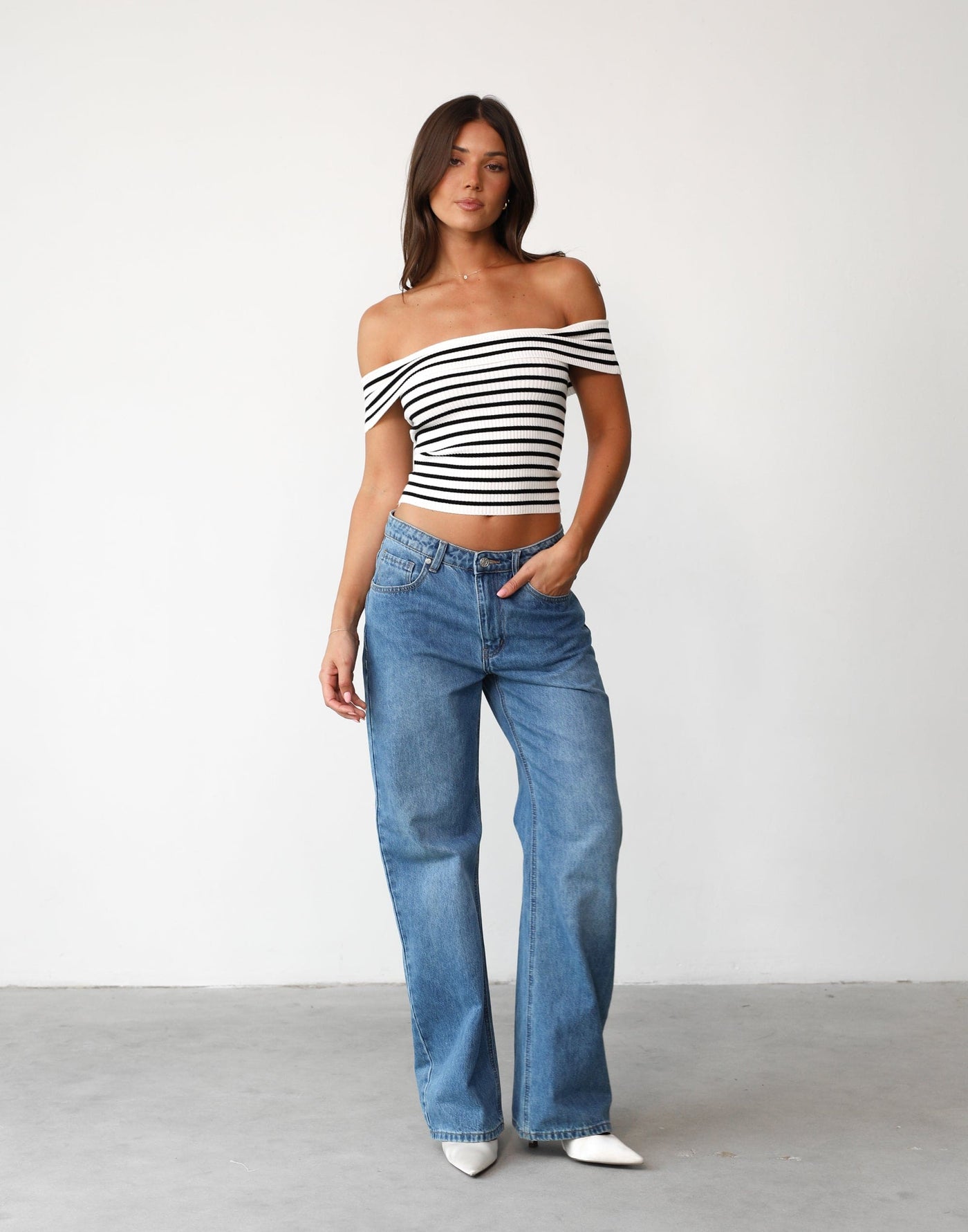 Elena Top (White/Black Stripe) | Charcoal Clothing Exclusive - Off-the-shoulder Fold Over Detail Knit Top - Women's Top - Charcoal Clothing