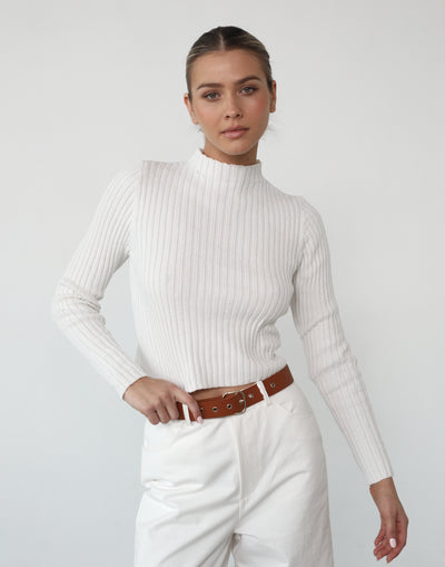 Dionne Long Sleeve Top (White) - High Neck Knit Top - Women's Top - Charcoal Clothing