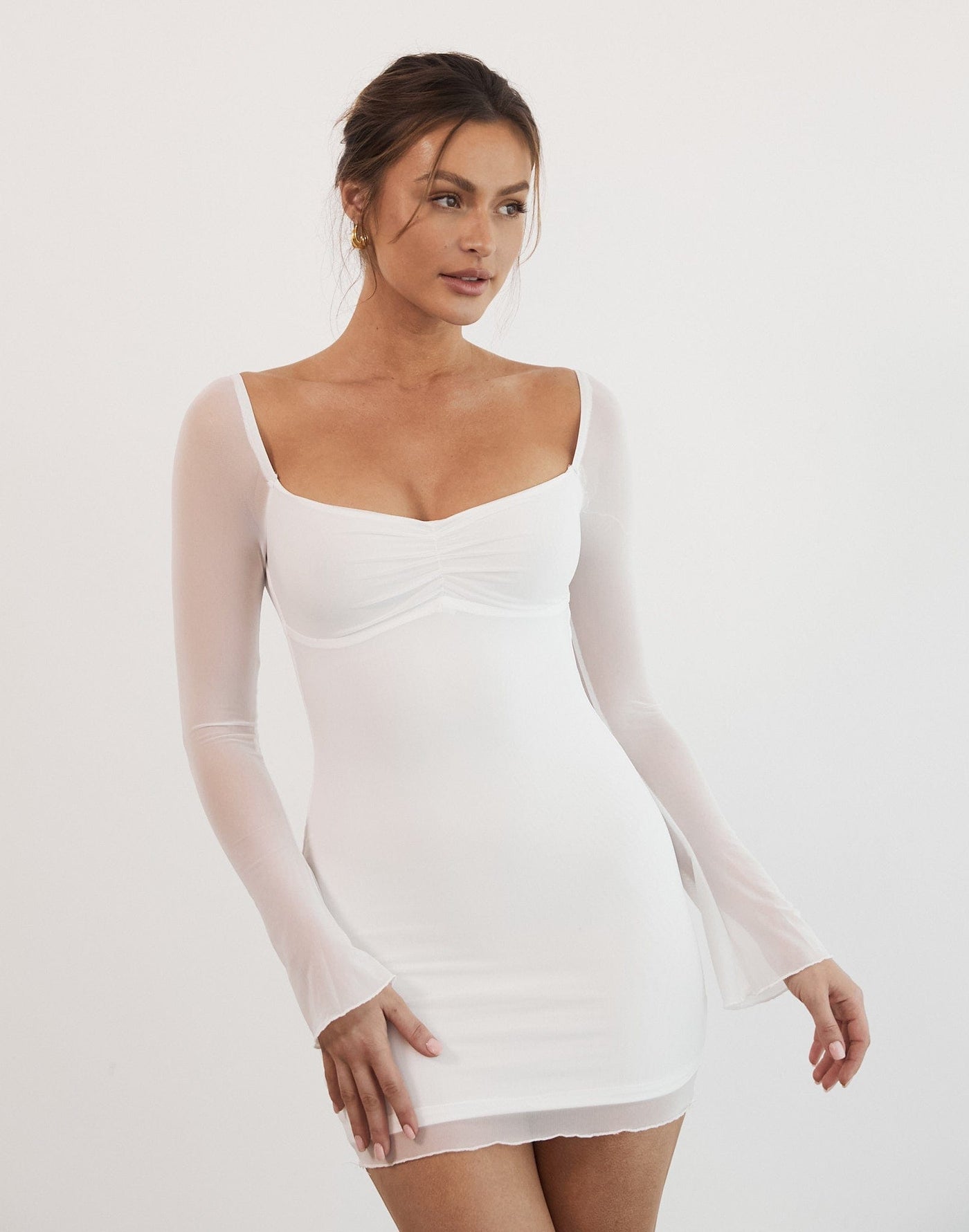 Linden Long Sleeve Mini Dress (White) - Sheer Sleeved Mini Dress - Women's Dress - Charcoal Clothing