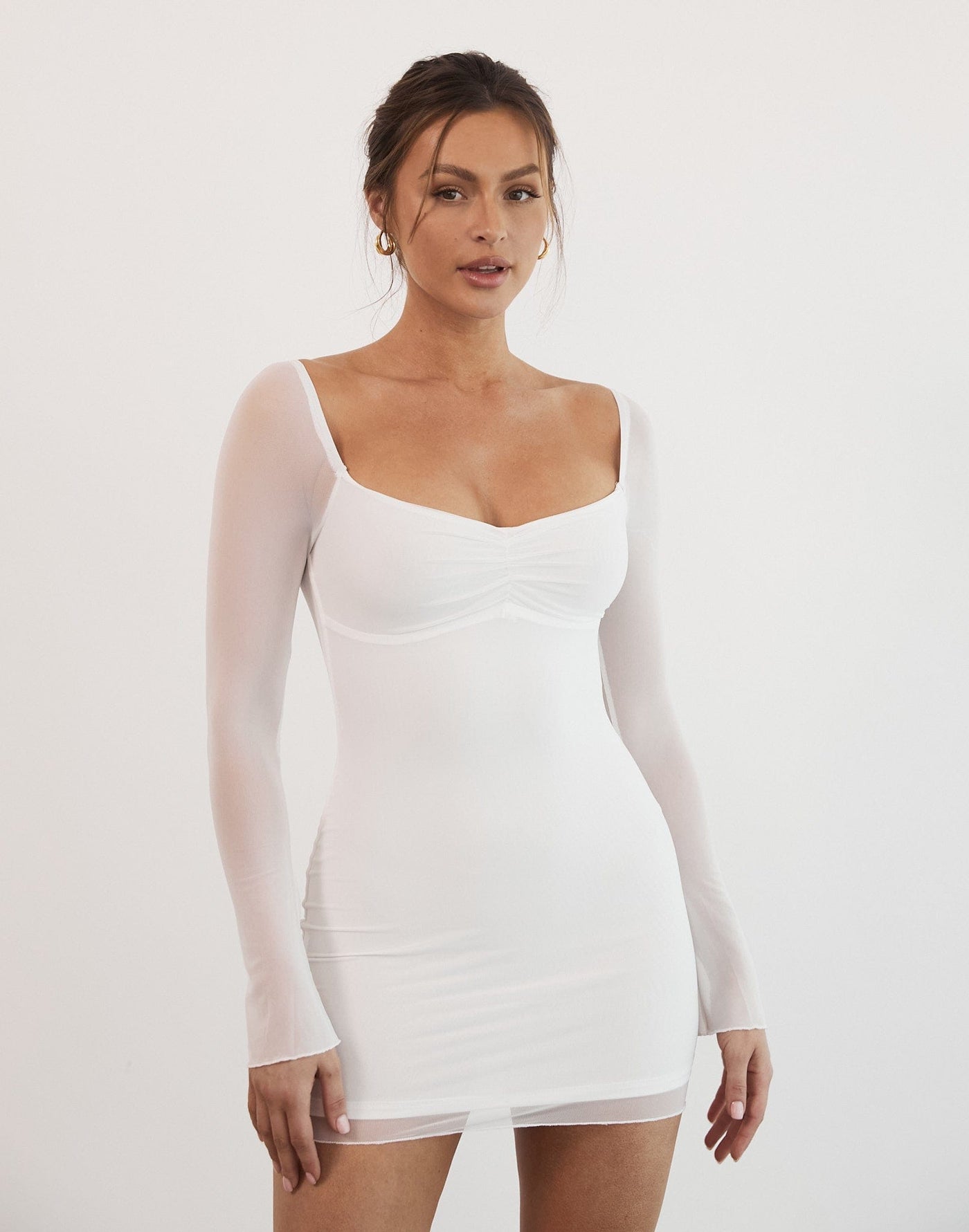Linden Long Sleeve Mini Dress (White) - Sheer Sleeved Mini Dress - Women's Dress - Charcoal Clothing