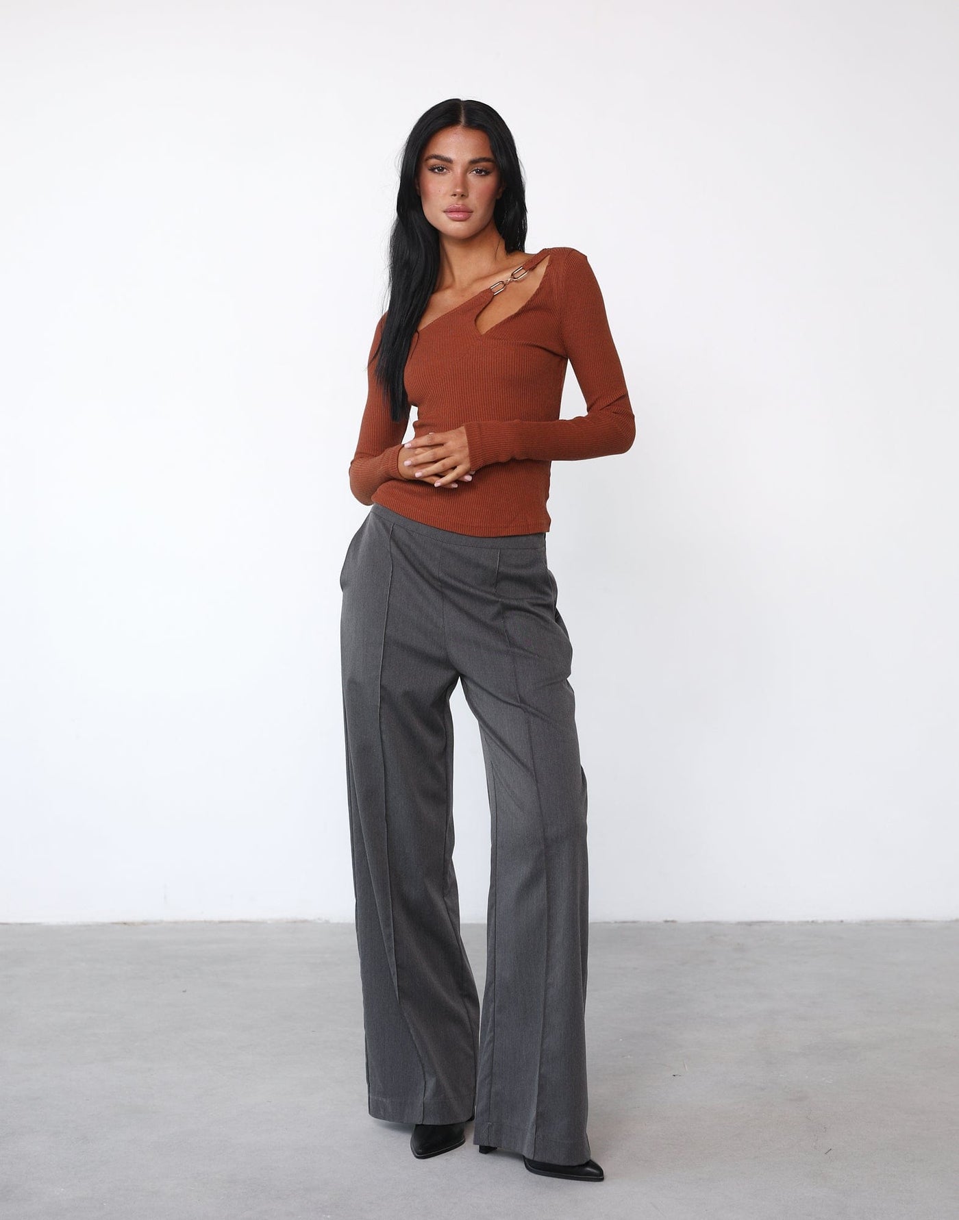 Snoh Long Sleeve Top (Terracotta) - Rust Asymmetrical Long Sleeve Top - Women's Tops - Charcoal Clothing