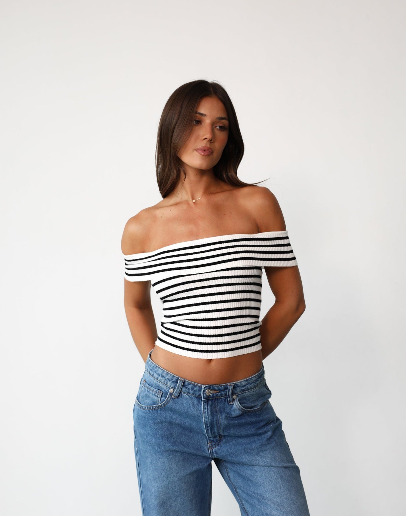 Elena Top (White/Black Stripe) | Charcoal Clothing Exclusive - Off-the-shoulder Fold Over Detail Knit Top - Women's Top - Charcoal Clothing