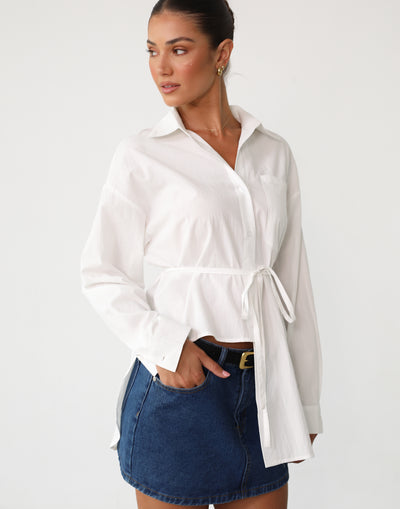 Alizha Asymmetrical Shirt (White) - White Button Up Asymmetrical Long Sleeve Shirt - Women's Top - Charcoal Clothing