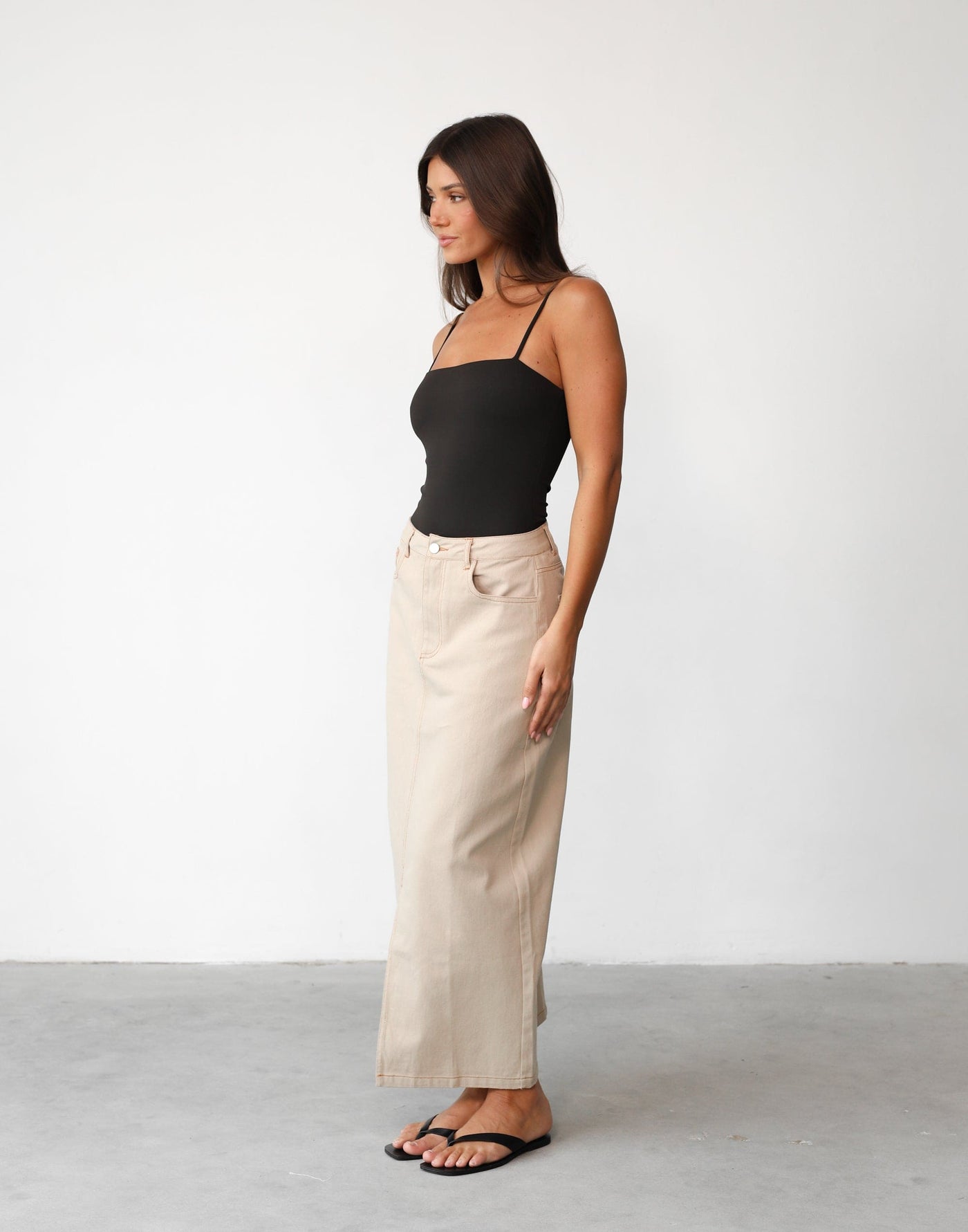 Kiara Bodysuit (Dark Chocolate) - Thin Strap Straight Neck Lined Bodysuit - Women's Top - Charcoal Clothing