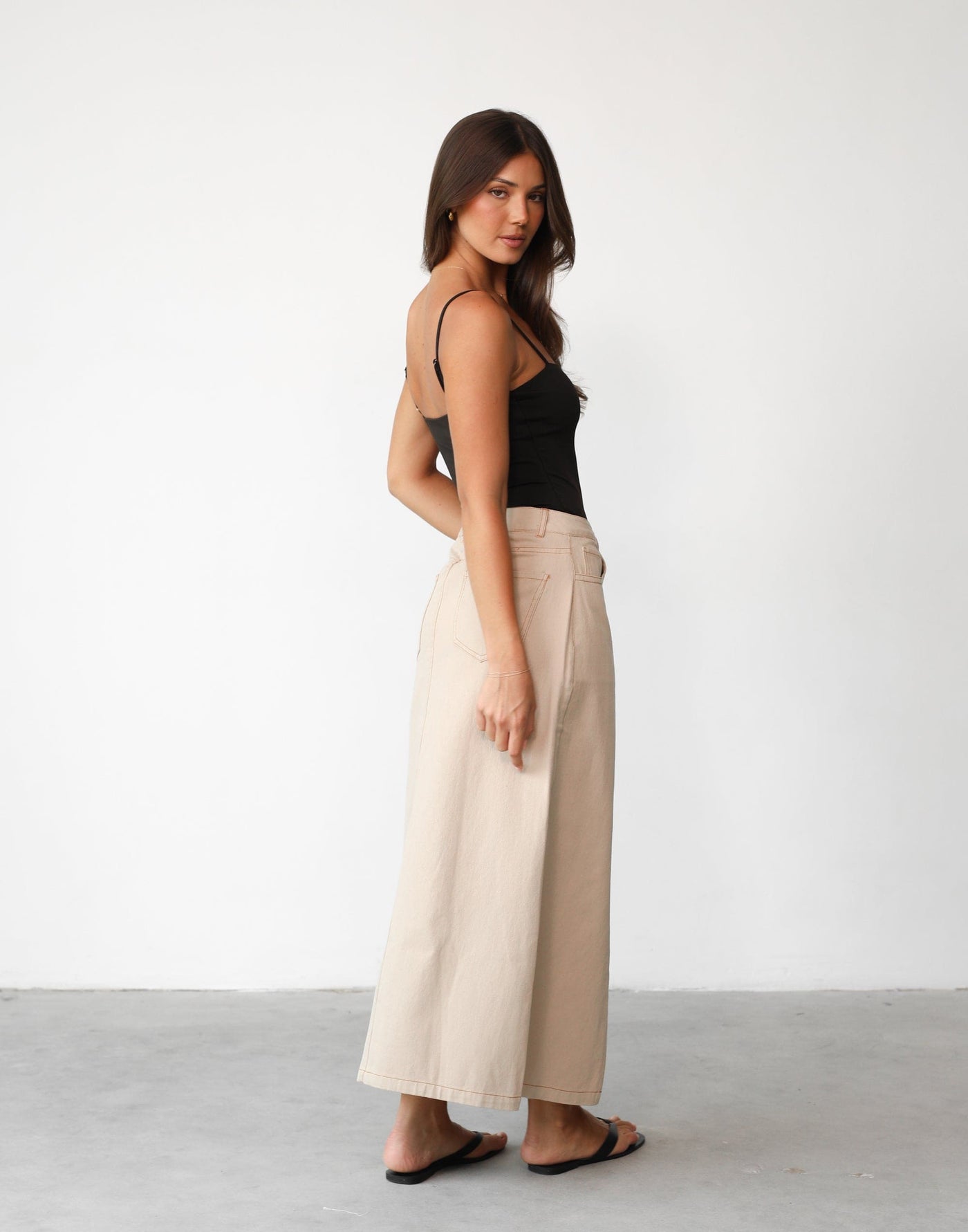 Yana Denim Maxi Skirt (Beige) - Mid-rise Split Front Maxi Skirt - Women's Skirt - Charcoal Clothing