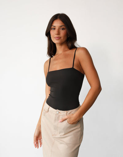 Kiara Bodysuit (Dark Chocolate) - Thin Strap Straight Neck Lined Bodysuit - Women's Top - Charcoal Clothing