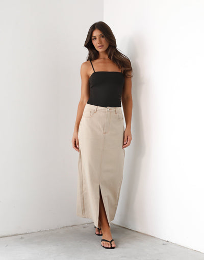 Yana Denim Maxi Skirt (Beige) - Mid-rise Split Front Maxi Skirt - Women's Skirt - Charcoal Clothing