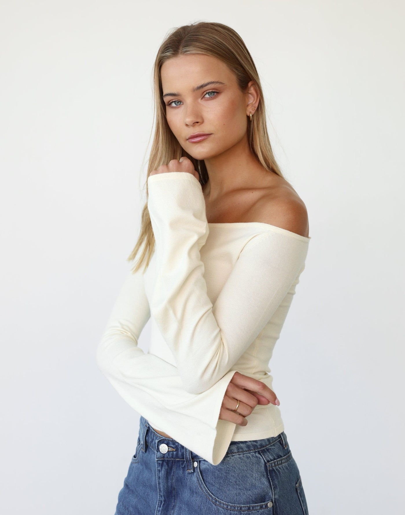 Luna Long Sleeve Knit Top (Off White) - Off The Shoulder Knit Top - Women's Top - Charcoal Clothing