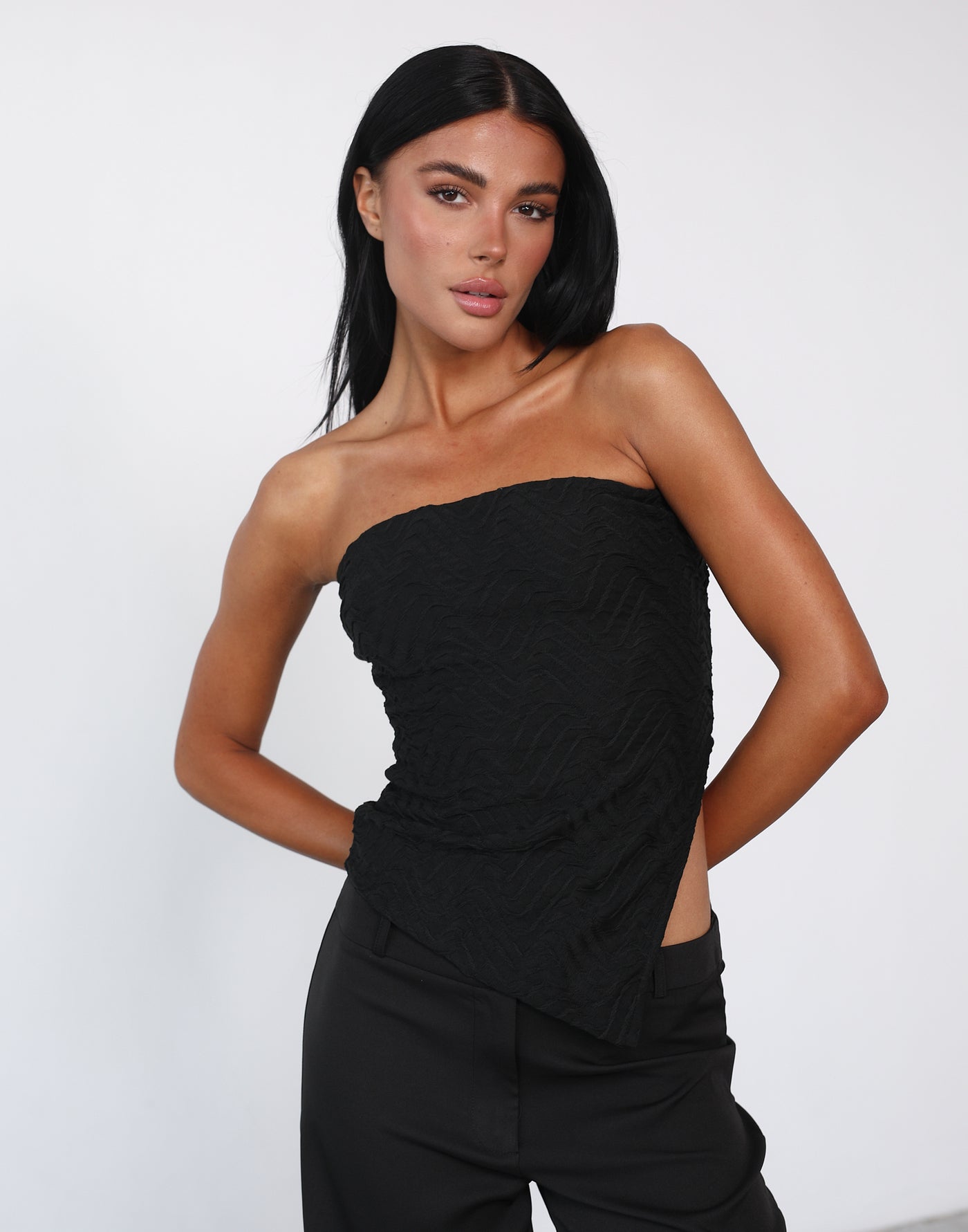 Kamina Strapless Top (Black) - Textured Asymmetrical Tube Top - Women's Tops - Charcoal Clothing