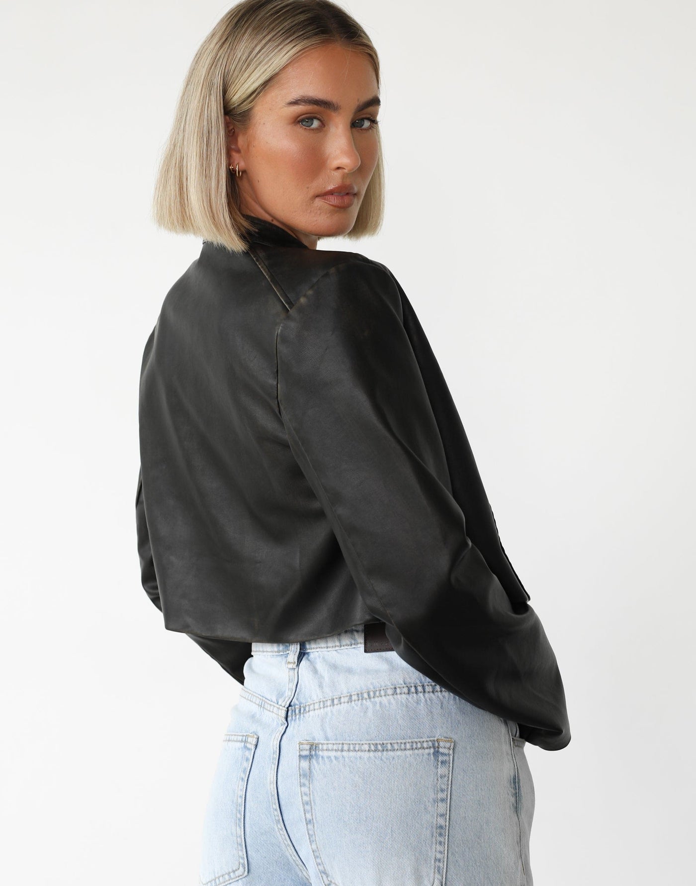 Harley Cropped Jacket (Black) - Cropped Black Faux Leather Jacket - Women's Outerwear - Charcoal Clothing