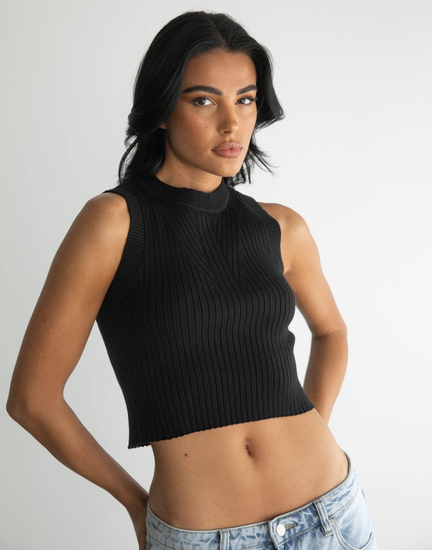 Nima Crop Top (Black) - Black Knit Top - Women's Top - Charcoal Clothing